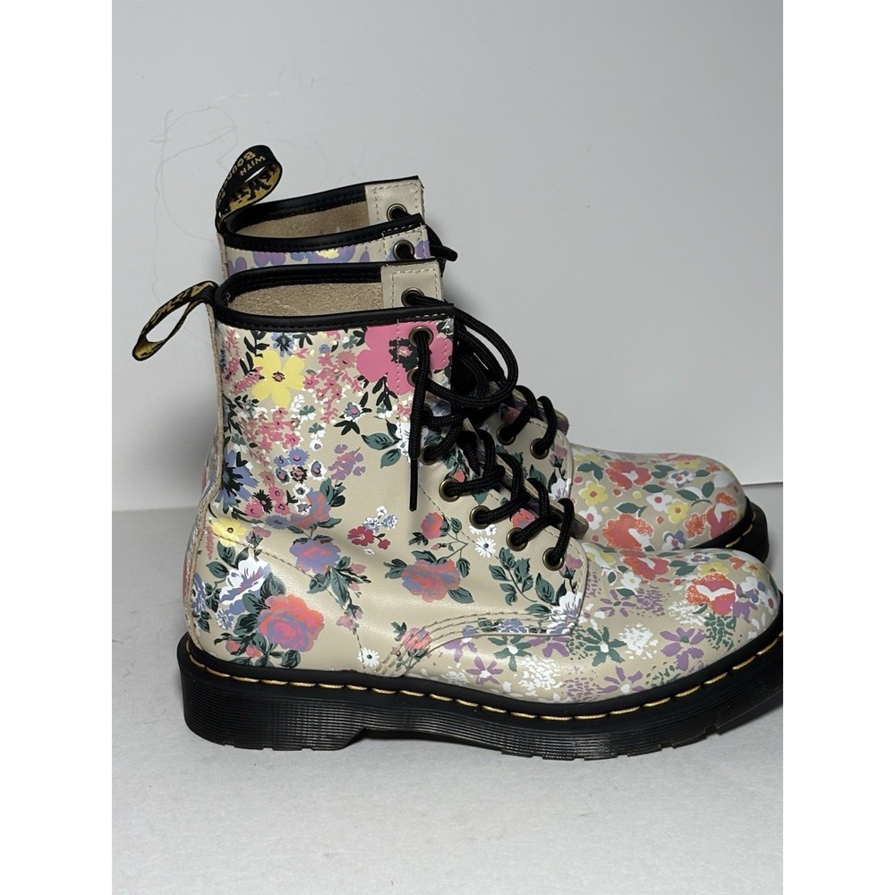 Dr. Martens Floral Lace-Up Combat Boots in Cream and Black - Picture 2 of 9